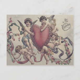 Carte Postale Cupidon Chérubin Ange Cœur Fleurs