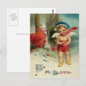 Carte Postale Cupidon cœur attaché à l'arbre (Devant / Derrière)