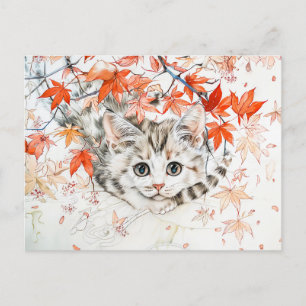 Carte Postale Curieux Kitten en Feuilles d'automne en Pai d'encr