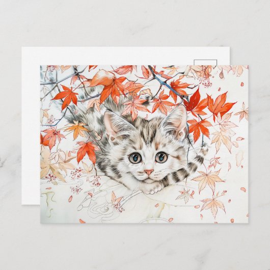 Carte Postale Curieux Kitten en Feuilles d'automne en Pai d'encr (Devant / Derrière)