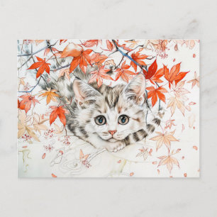 Carte Postale Curieux Kitten en Feuilles d'automne en Pai d'encr