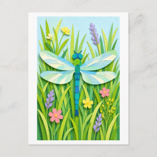 Carte Postale Cut Paper Collage-Style Dragonfly (Devant)