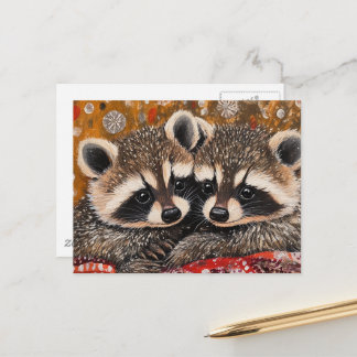 Carte Postale Cute Adorable Baby Raccoons on Red Blanket