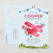 Carte Postale Cute Aquarelle Aviation Sky Red Avion Anniversaire (Devant / Derrière)