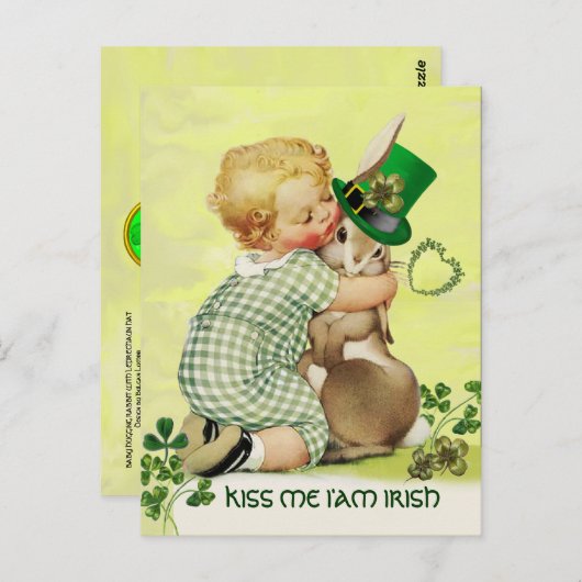 Carte Postale CUTE BABY HUGGING RABBIT Irish St. Patrick's Day (Devant / Derrière)