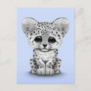 Carte Postale Cute Baby Snow Leopard Cub sur Bleu clair