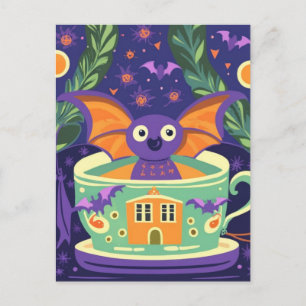 Carte Postale Cute Bat dans un thé d'Halloween