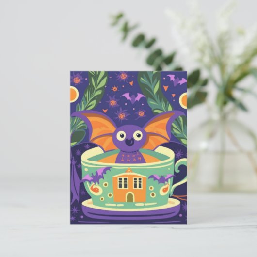Carte Postale Cute Bat dans un thé d'Halloween (Debout devant)