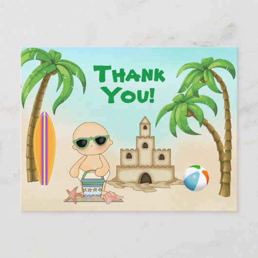 Carte Postale Cute Beach Baby Sandcastle et Surfboard Merci (Devant)