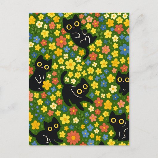 Carte Postale Cute Black Cats Floral Meadow Pattern (Devant)
