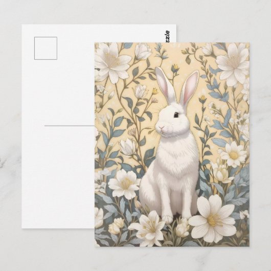 Carte Postale Cute Blanc Bunny Pastel Jaune Floral (Devant / Derrière)