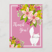 Carte Postale Cute Blanc Fluffy Chat - Fleurs sur Merci rose (Devant)