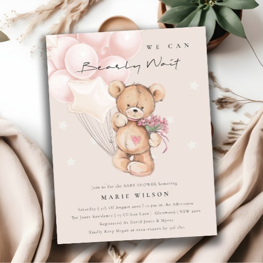 Carte Postale Cute Blush Bear Bearly Wait Balloon Baby Shower