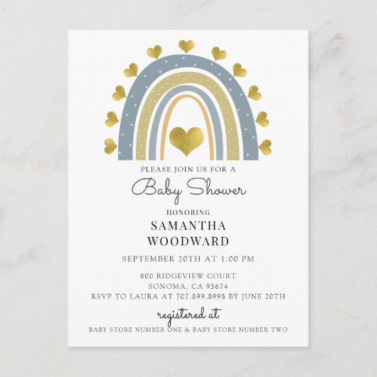 Carte Postale Cute Boho Blue Rainbow Baby Boy Shower Invitation (Devant)