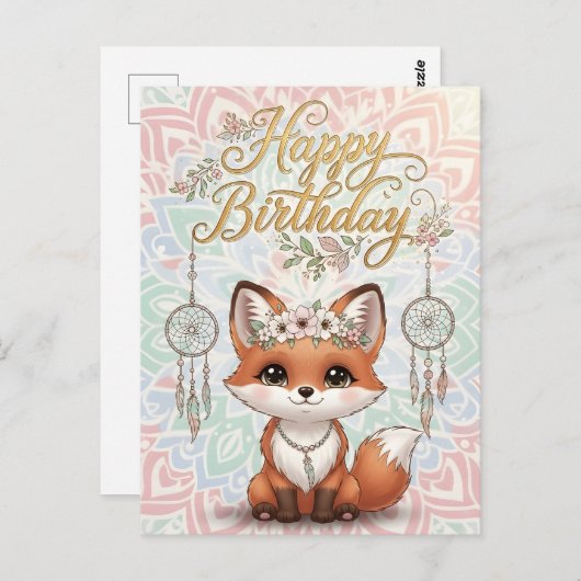 Carte Postale Cute Boho Fox Happy Birthday Card with Dreamcatche (Devant / Derrière)