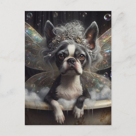 Carte Postale Cute Boston Terrier Fairy dans un bain de bulle (Devant)