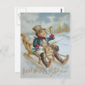 Carte Postale Cute Boy Sled Snow Horn Présente (Devant / Derrière)
