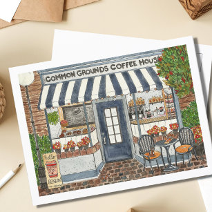 Carte Postale Cute Café House Storefront Aquarelle