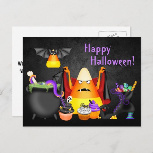 Carte Postale Cute Candy Corn Éffrayant Traite Halloween heureux (Devant / Derrière)