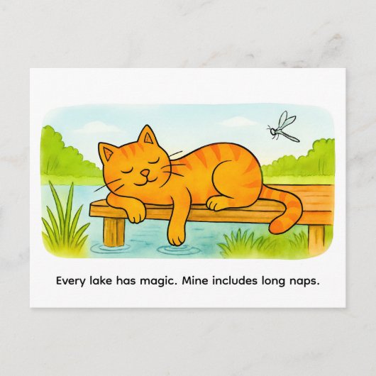 Carte Postale Cute Cartoon Cat Resting on Wooden Dock (Devant)