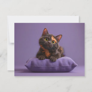 Carte Postale Cute Cartoon Tortoiseshell Kitten sur Purple Cushi