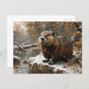 Carte Postale Cute castor pendant la peinture à l'huile d'hiver