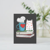 Carte Postale Cute Cat and Coffee Livre Lover Lecture de littéra (Debout devant)