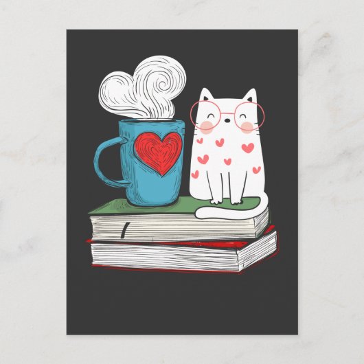Carte Postale Cute Cat and Coffee Livre Lover Lecture de littéra (Devant)
