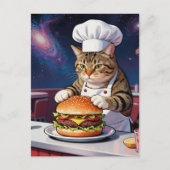 Carte Postale Cute Cat Chef Making CheeseBurger in Space Diner (Devant)