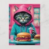 Carte Postale Cute Cat dans le dîner avec un Cheeseburger Feast (Devant)