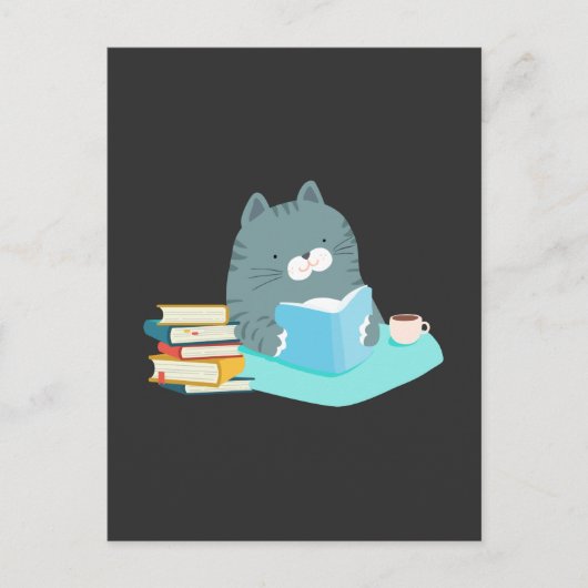Carte Postale Cute Cat Lecture Livre Coffee Lover Bookworm (Devant)
