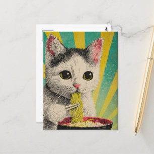 Carte Postale Cute Cat Manger un bol de nouilles