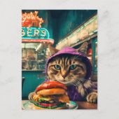 Carte Postale Cute Chat dans le dîner avec un Cheeseburger (Devant)
