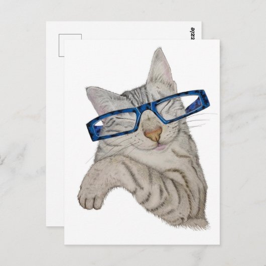 Carte Postale Cute Chat En Spectacles Main Tirée (Devant / Derrière)