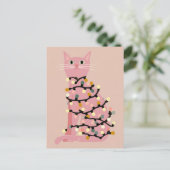 Carte Postale Cute Chat enveloppé dans les lumières de Noël drôl (Debout devant)