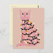 Carte Postale Cute Chat enveloppé dans les lumières de Noël drôl (Devant / Derrière)