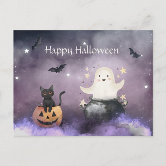 Carte Postale Cute chat et Fantôme Halloween (Devant)