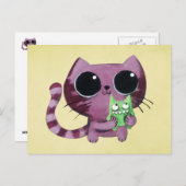 Carte Postale Cute chat Kitty avec Petit Monstre Vert