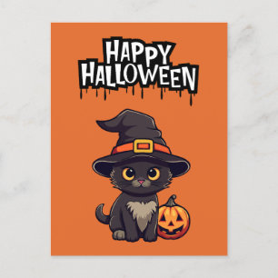 Carte Postale Cute Chat Noir Avec Citrouille Jack-o'-lantern