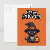 Carte Postale Cute Chat Noir Avec Citrouille Jack-o'-lantern (Devant / Derrière)