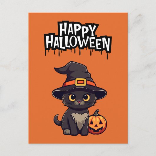 Carte Postale Cute Chat Noir Avec Citrouille Jack-o'-lantern (Devant)