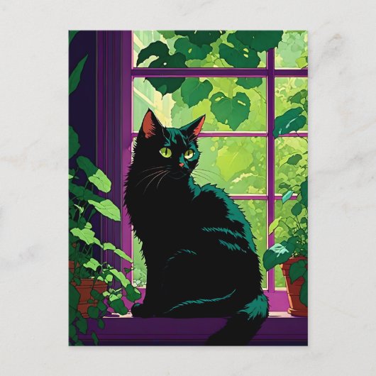 Carte Postale Cute chat noir dans une fenêtre (Devant)