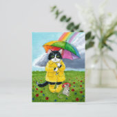 Carte Postale Cute chat tuxedo, souris avec parapluie arc-en-cie (Debout devant)