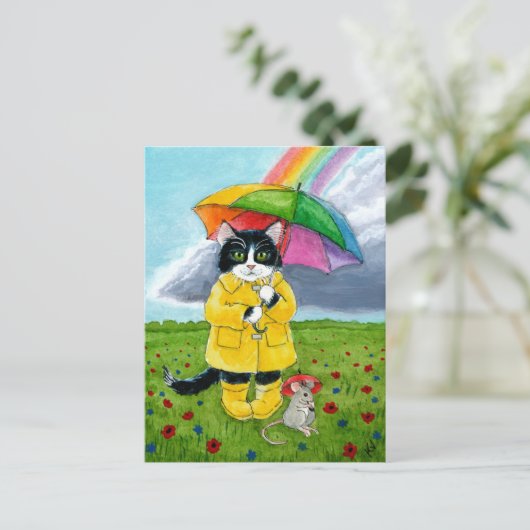 Carte Postale Cute chat tuxedo, souris avec parapluie arc-en-cie (Debout devant)