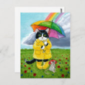 Carte Postale Cute chat tuxedo, souris avec parapluie arc-en-cie (Devant / Derrière)