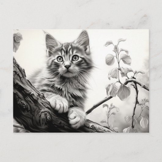 Carte Postale Cute chaton à jouer - Dessin noir et blanc (Devant)