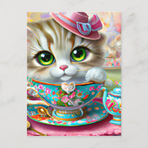 Carte Postale Cute chaton anthropomorphique à une fête de thé