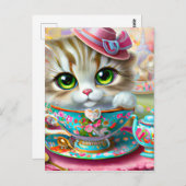 Carte Postale Cute chaton anthropomorphique à une fête de thé (Devant / Derrière)