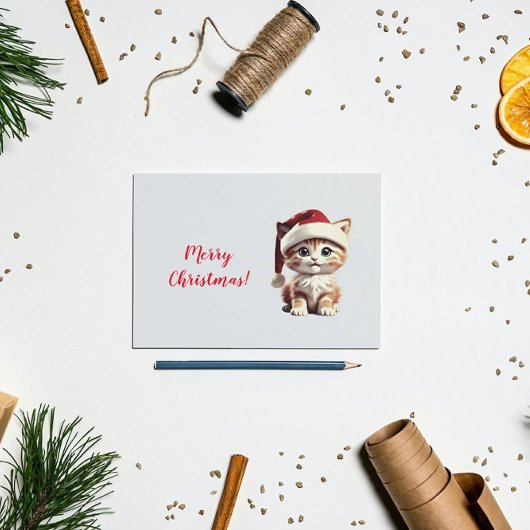 Carte Postale Cute chaton avec Casquette de Noël