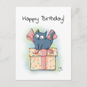 Carte Postale Cute chaton en dessin sur boîte cadeau Joyeux anni